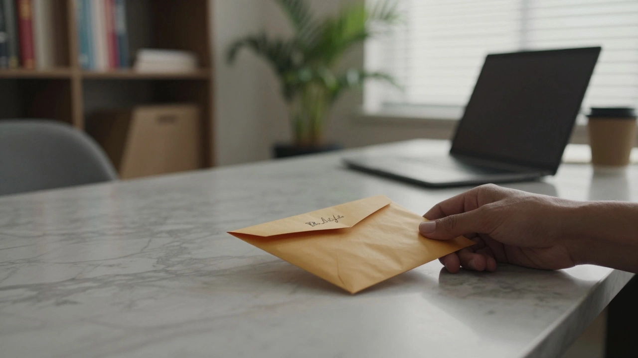 A sealed envelope placed on a marble counter in a discreet office, laptop closed, coffee cup nearby, soft natural light.
