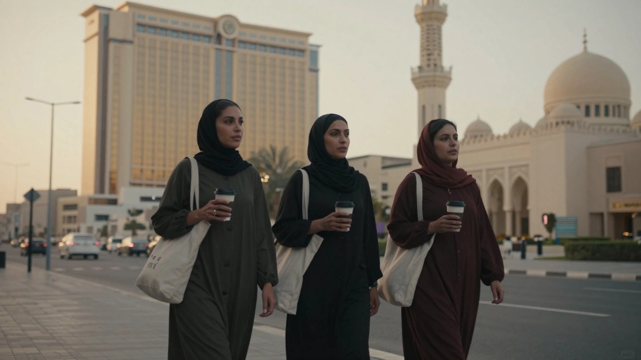 Three women walking quietly at dawn in Dubai, dressed stylishly, passing a hotel and mosque, no faces visible.